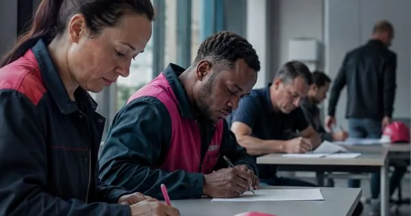 Stagiaires en tenue de travail remplissant leur questionnaire d'évaluation en fin de session de formation, casque de chantier posé sur la table
