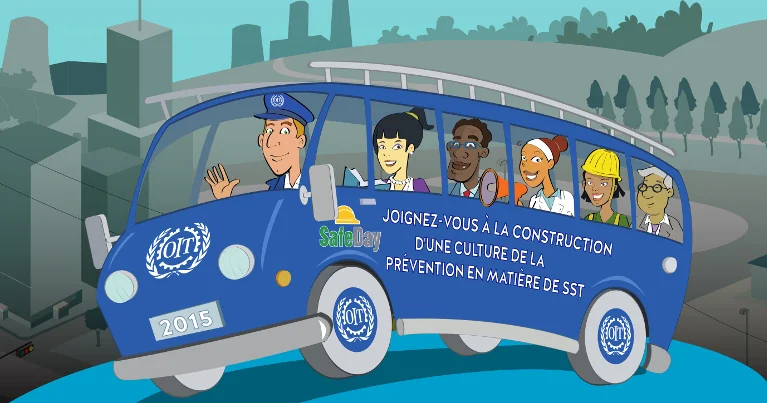 Visuel de campagne de l'OIT pour la Journée mondiale 2015 : un minibus aux couleurs de l'Organisation internationale du Travail transporte des travailleurs de différents métiers, avec le slogan « Joignez-vous à la construction d'une culture de la prévention en matière de SST »