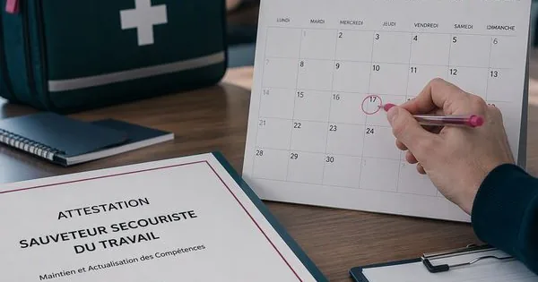 Attestation de Sauveteur Secouriste du Travail posée près d'un calendrier dont une date est entourée, trousse de secours et mannequin de formation en arrière-plan
