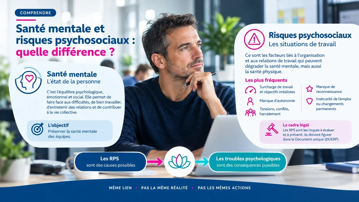Infographie « Santé mentale et risques psychosociaux : quelle différence ? » : un homme pensif à son bureau, entre la santé mentale, l'état de la personne, et les risques psychosociaux, les situations de travail (surcharge, manque d'autonomie, conflits, manque de reconnaissance, insécurité de l'emploi) ; les RPS sont des causes possibles, les troubles psychologiques des conséquences possibles