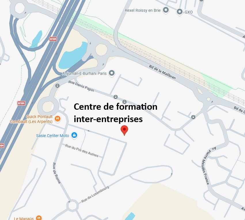 Plan Google Maps du centre de formation inter-entreprises, 22-24 rue du Pré des Aulnes, Parc d'Activité des Arpents, 77340 Pontault-Combault