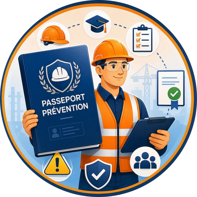 Illustration du Passeport de Prévention : un salarié en équipement de protection présente son passeport, entouré des attestations, certificats et formations santé-sécurité qu'il recense